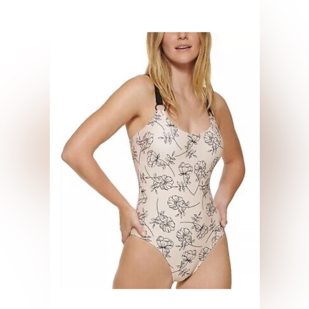 NWT Calvin Klein Logo Rings Printed One-Piece Swimsuit - 8, Beige Floral